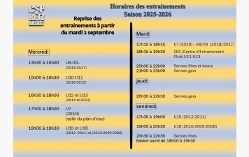 HORAIRES DES ENTRAINEMENTS 2025