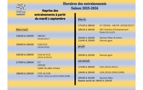 HORAIRES DES ENTRAINEMENTS 2025